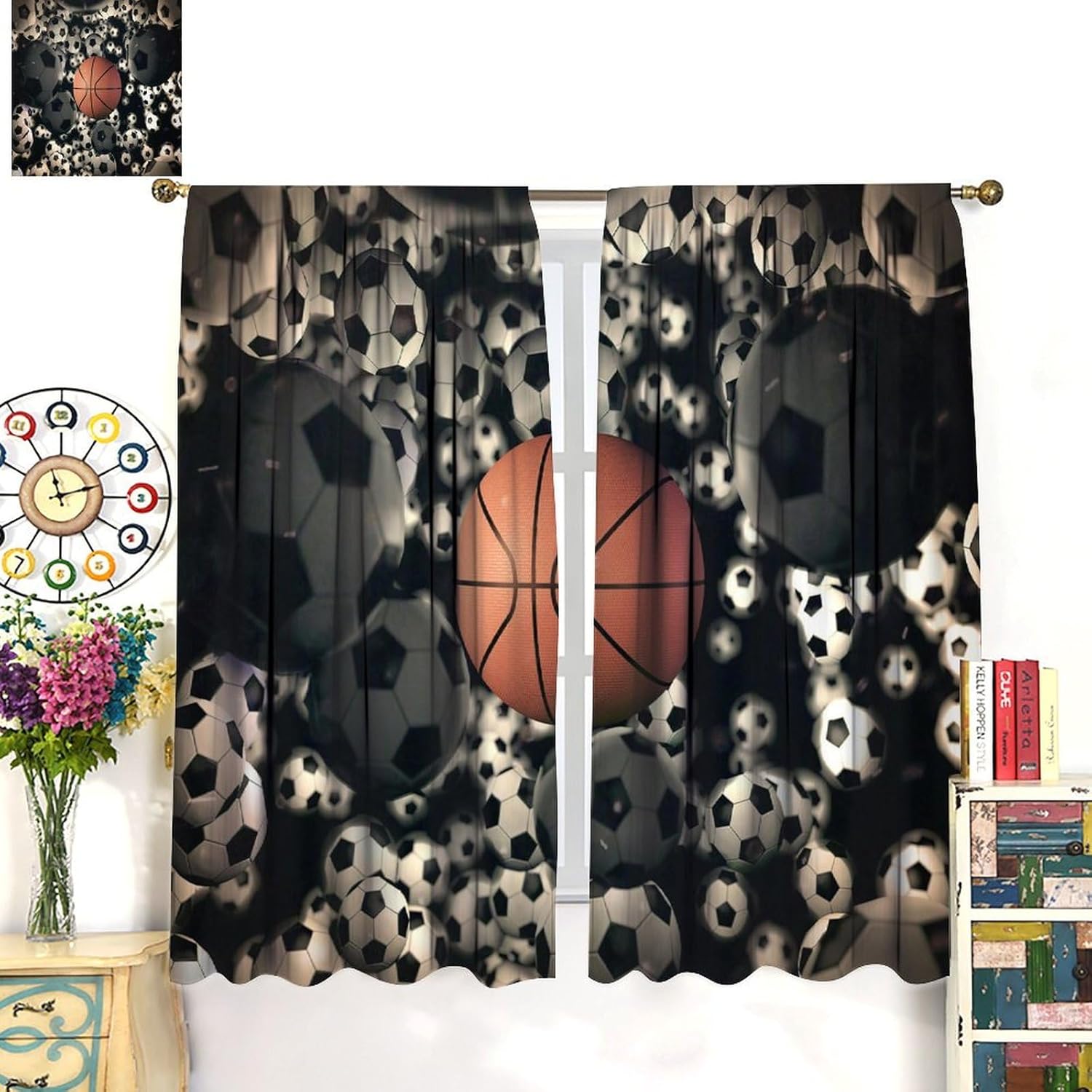 Sports Blackout Window Curtains, Abstract Basketball and Football Rod Pocket Window Drapes, for Kid Boys Teen Men Living Room Bedroom 21(W)*63(L) 2 Panels