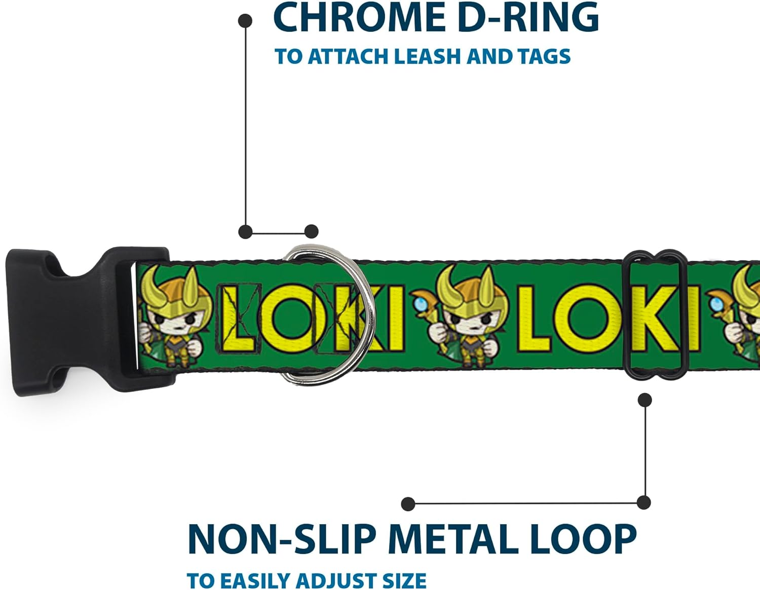 Marvel Comics Pet Collar, Dog Collar Plastic Buckle, Kawaii Loki Standing Pose Text Green Yellow, 16 to 23 Inches 1.5 Inch Wide