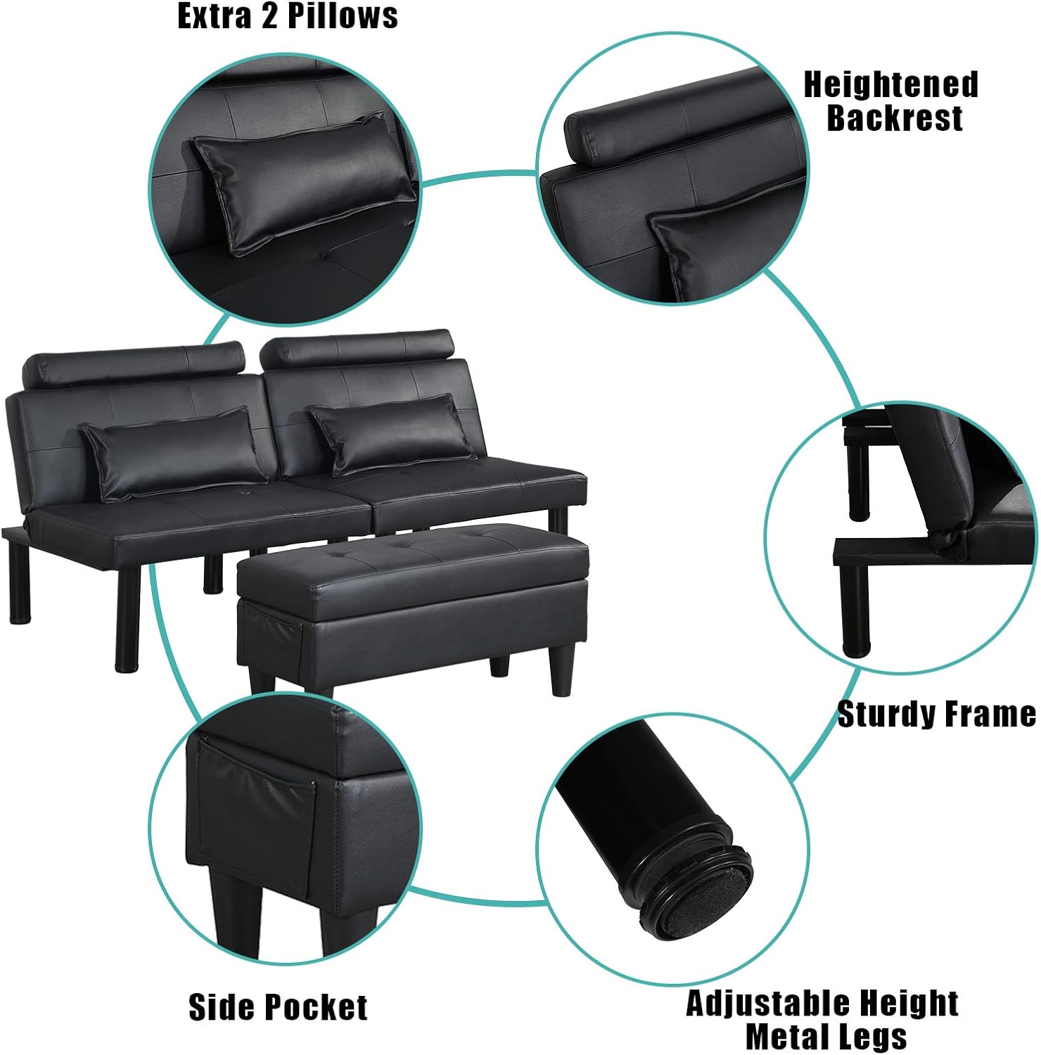 Futon Sofa Bed Couch and Sleeper with Storage Ottoman Footstool or Coffee Table and 2 Lumbar Pillows,Adjustable Convertible Futon Sofa Bed Sleeper Couch Loveseat,Small,Metal Leg,Leather (Black),66x33x13.8