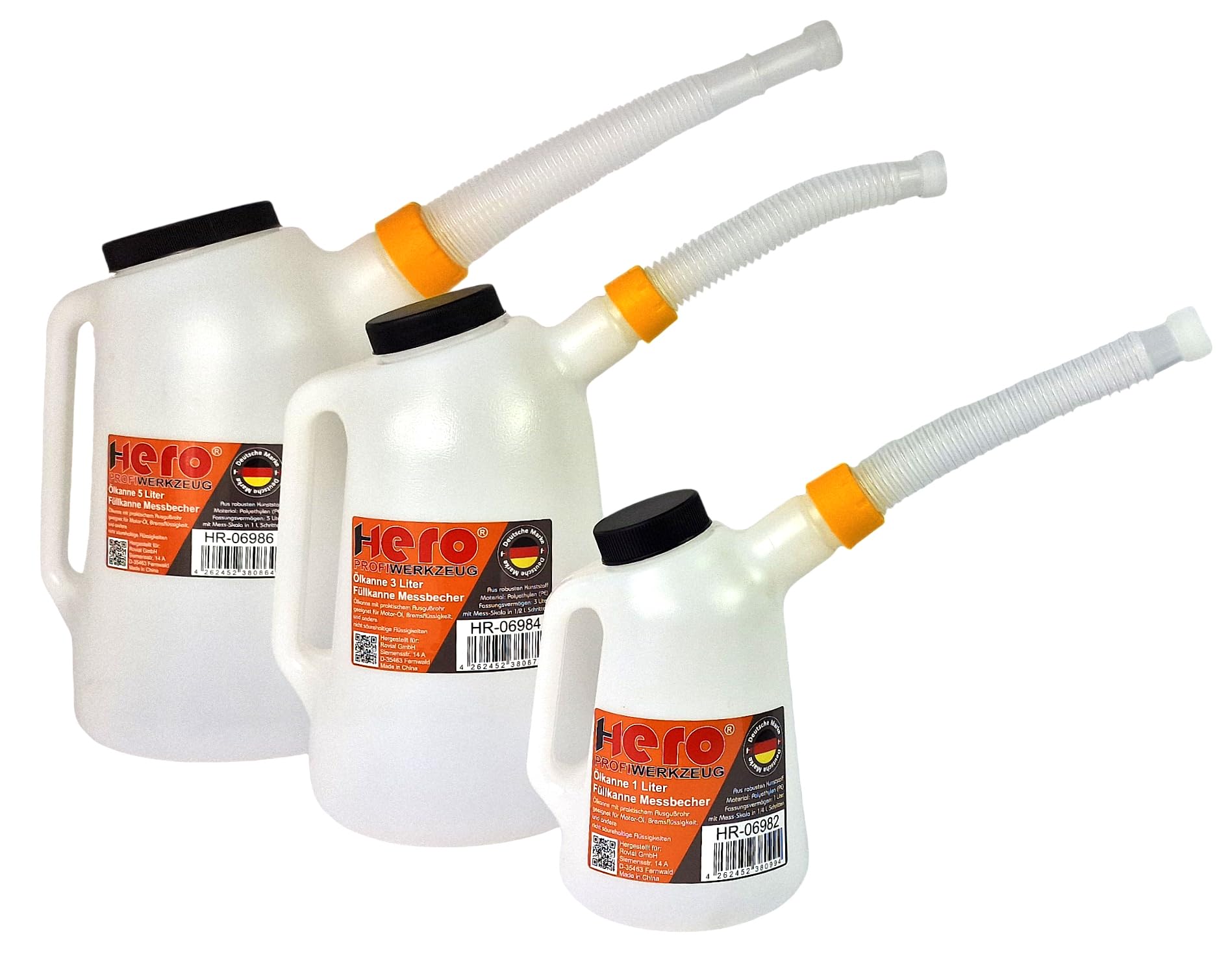 HERO Ölkannen Füllkanne Messkanne SET 1L + 3L + 5L Messbecher mit flexiblem Ausgussstutzen und Deckel Wasser Kanne Auto Ölwechsel Kfz