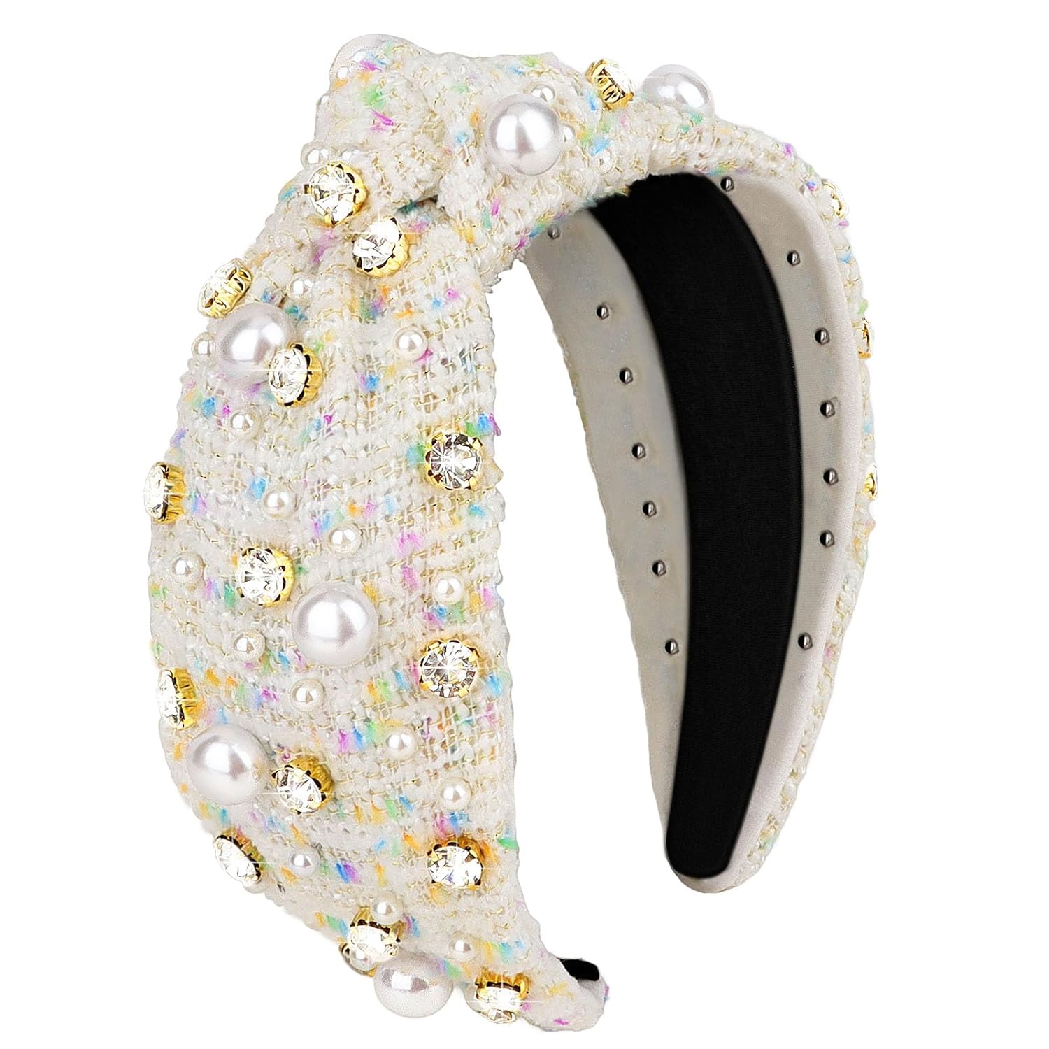 CURASA Knotted Headband For Women Girls White Pearl Rhinestone Checkered Head Band Non Slip Elegant Wide Hairband Top Knot Trendy Bride Headpiece Crystal Beaded Jeweled Embellished Hair Accessories