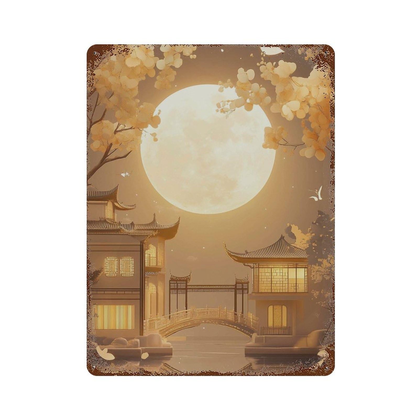 xiaoxiaoshen Golden Moon Palace Asian Night Landscape Elegant Japanese Temple Wall Decor Art Metal Tin Poster Modern Home Decor Art Home Bar Shop Decorations Vintage Sign 40x30cm