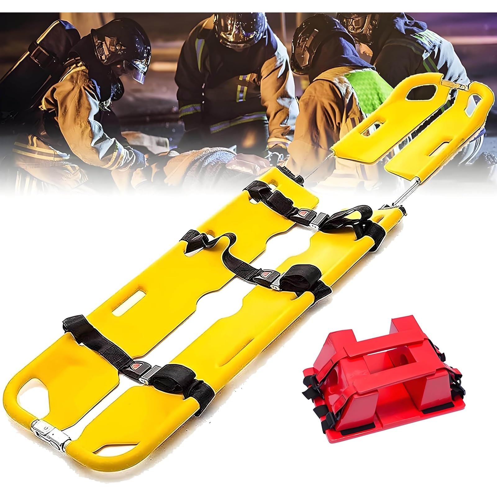 SGKOMN Aluminum Scoop Stretcher, Foldable Stretcher with Straps and Safety Belt, Adjustable Length for Emergency Rescue and Ambulance Use, Stretcher+headimmobilizer