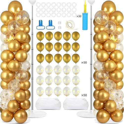 Miniatura 7 de Kit de 2 soportes de columna de globos con 100 globos, soporte de torre de globos ajustable de verano con bases para piso, arco de columna de globos
