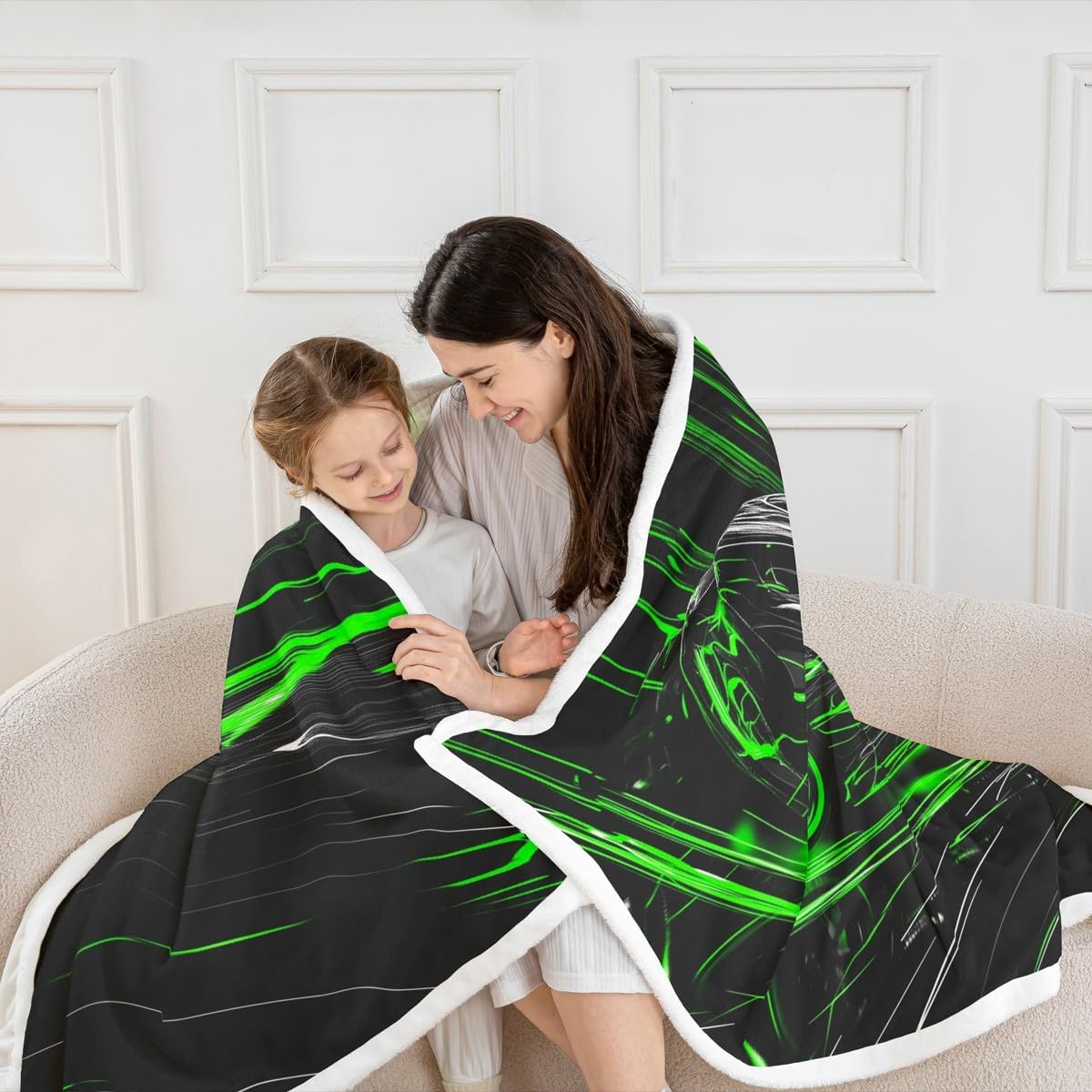 Racing Car Kids Fleece Blanket,Cool Race Car Green Neon Light Throw Blanket for Adult,Sports Theme Geometric Stripes Lightweight Polyester Sofa Sherpa Blanket, Queen (90 x 90 Inch)