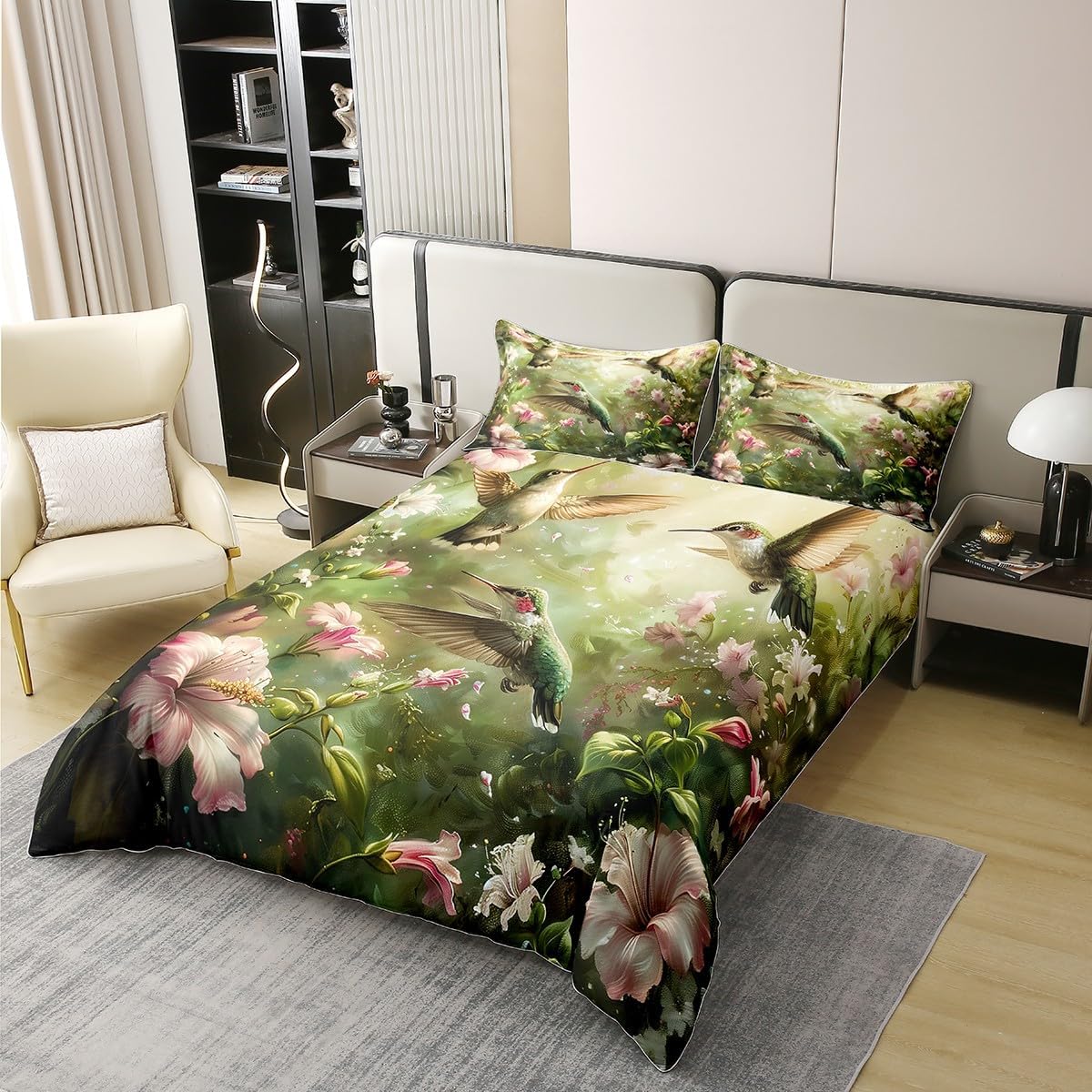 Feelyou Hummingbird Bedding Set Full Size Tropical Birds Comforter Cover Set Hummingbird Flowers 100% Cotton Duvet Cover Blossoming Iris Flowers Bedspread Cover Green Quilt Cover，No Comforter