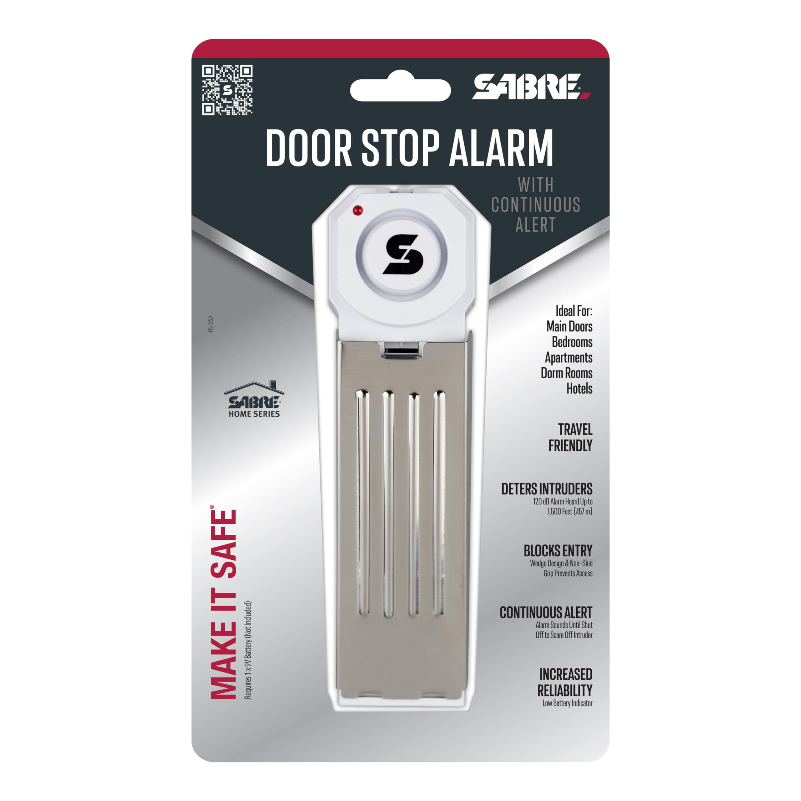 SABRE Alarme de sécurité sans Fil – Sirène extrêmement puissante de 120 DB, portée jusqu'à 450 m, Tapis antidérapant, Compact, Parfait pour la Maison, Les Voyages, l'appartement ou Le dortoir