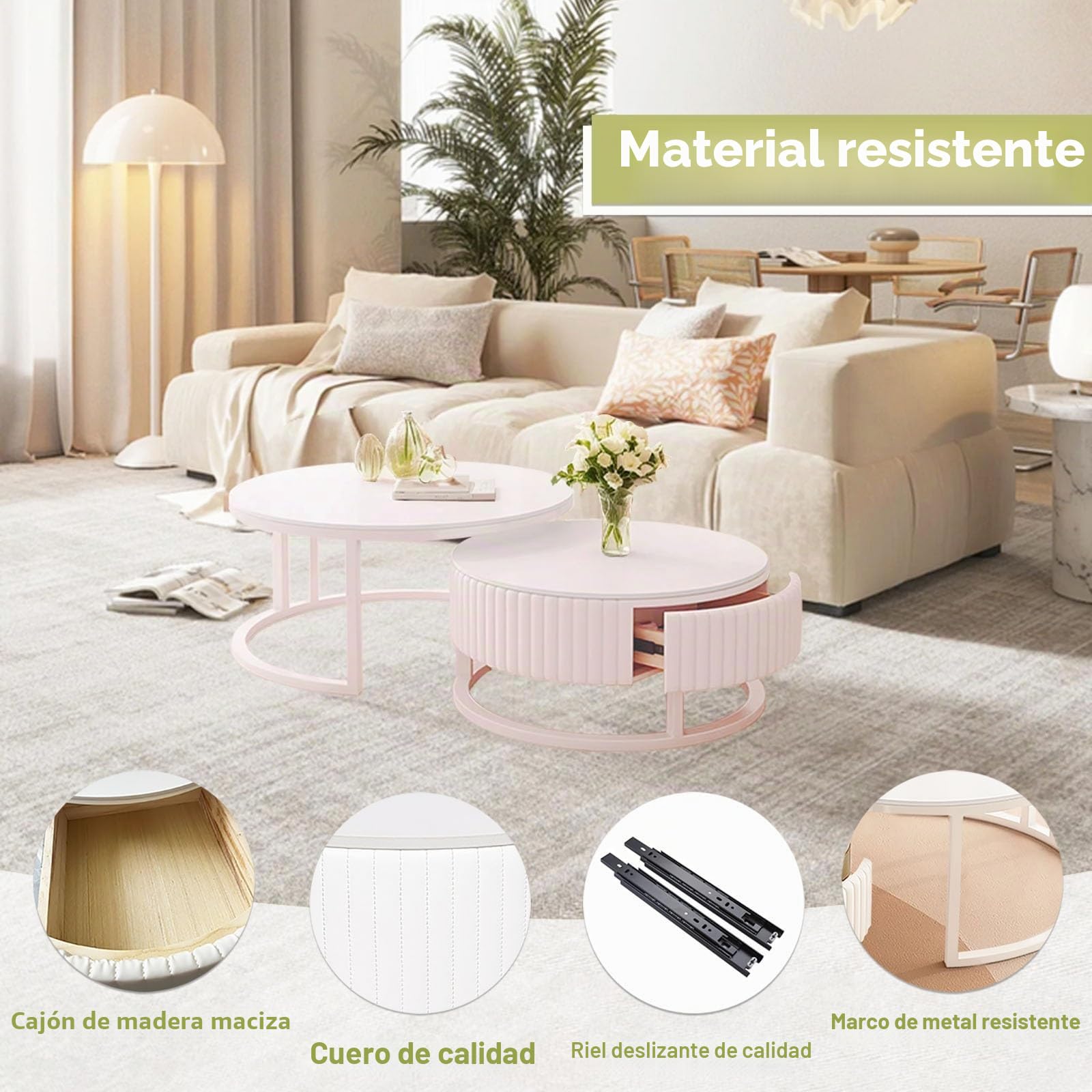 Mesa De Centro Redonda Blanca Con Madera Y Cajones Moderno Mesa De Centro De Mármol Mesa Nido Juego De 2 Mesas Auxiliares Para Salón Robusto Armazón Metálico