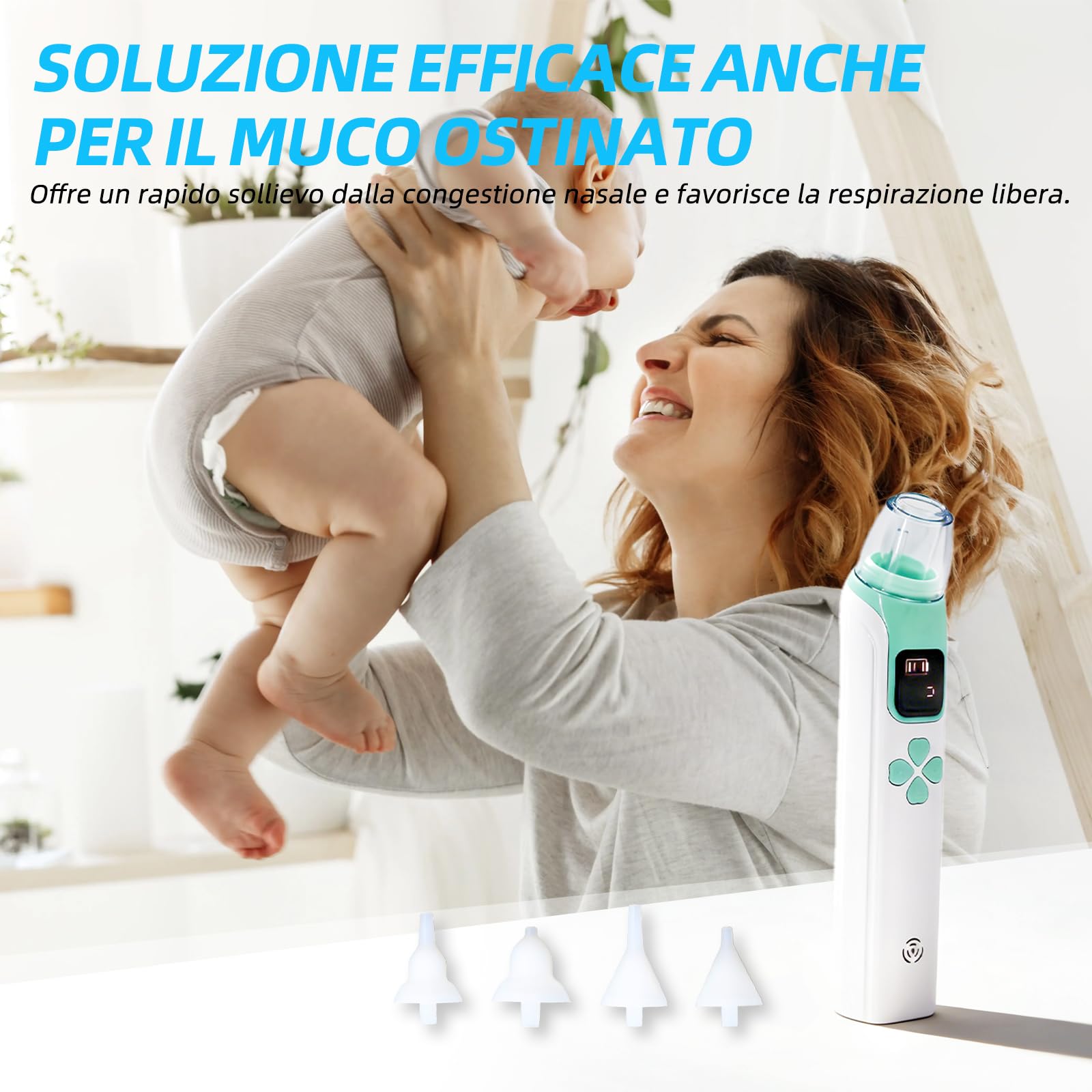 Aspiratore nasale per bambini, potenza di aspirazione regolabile a 3 livelli, 4 testine in silicone, funzione musica e luce, adatto per neonati, lattanti e bambini piccoli
