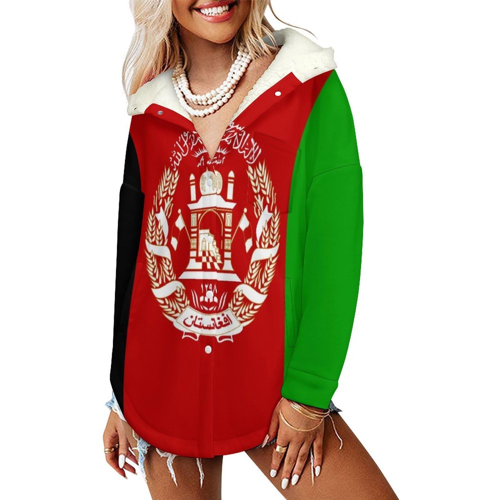 Sudadera Invierno con Capucha de Forro Polar Mujer Bandera Afgana Cálido Hoodies a Manga Larga Felpa Sudadera con Bolsillos, Rojo