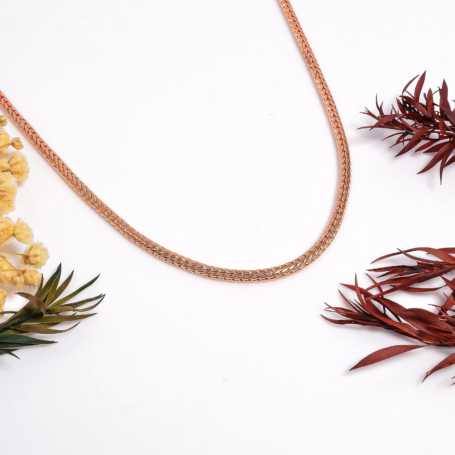 Pure Copper Wellness Chain Necklace for Men & Women | Rose Gold Finish | Non-Tarnish Flat Herringbone Style | Lightweight Daily Wear | Hypoallergenic Copper Jewelry Gift