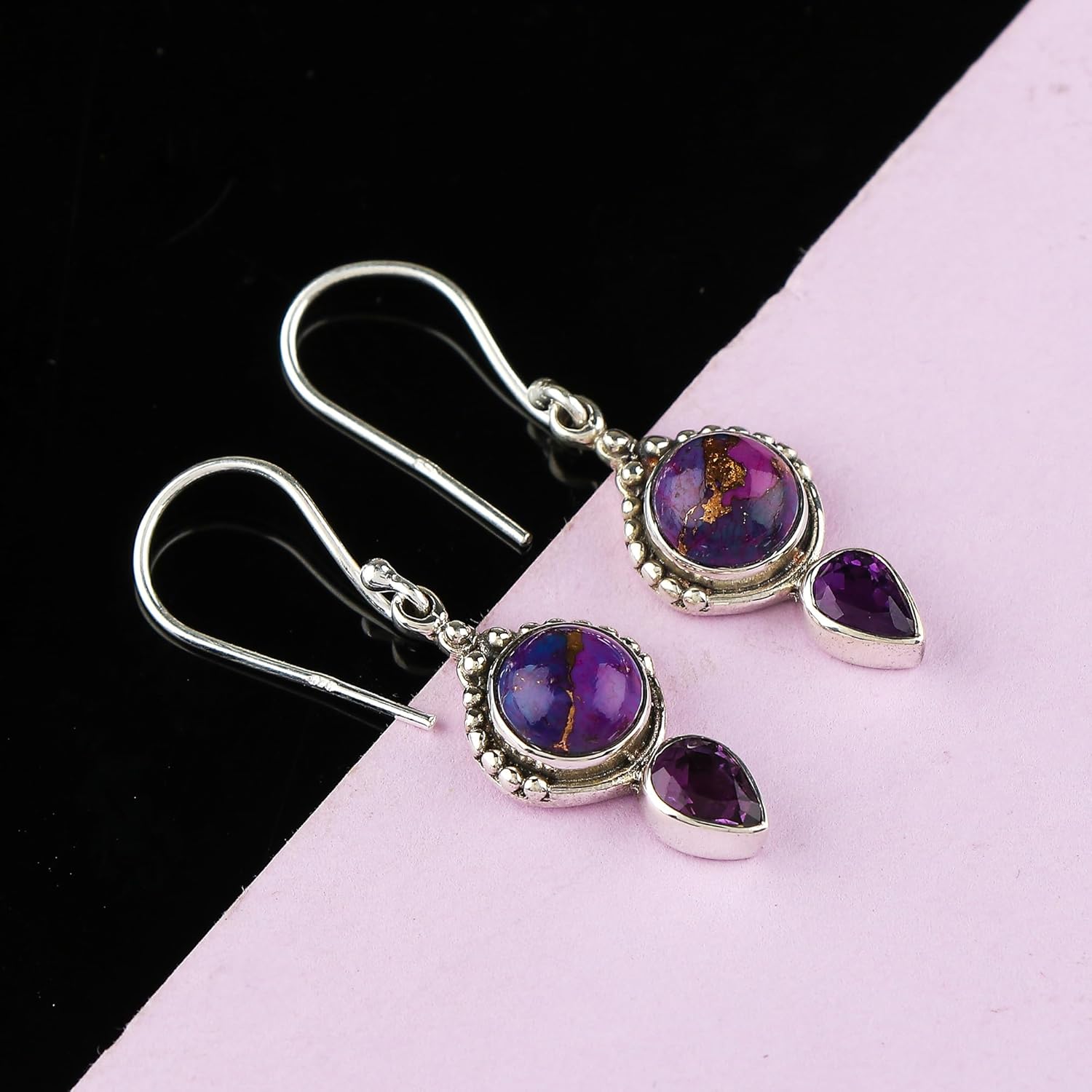 Purple Turquoise & Amethyst Gemstone, 925 Sterling Silver Earrings, Handmade, Fashion Jewelry, Women Earrings, Gifts - Image 5
