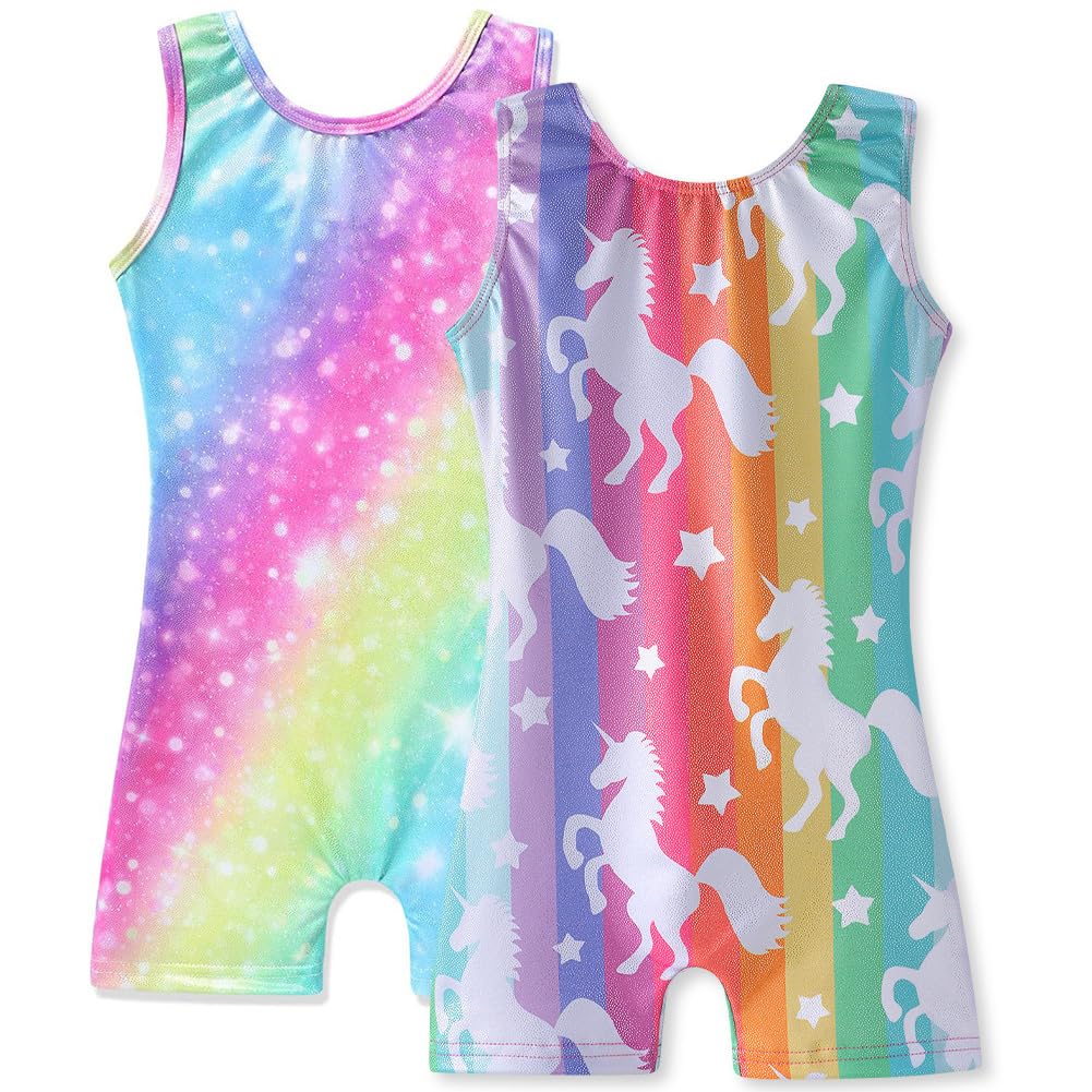 HOZIY Gymnastics Leotards for Girls with Shorts Toddlers Biketards Rainbow Unicorn Dinosaur Mermaid Leopard Flower Galaxy