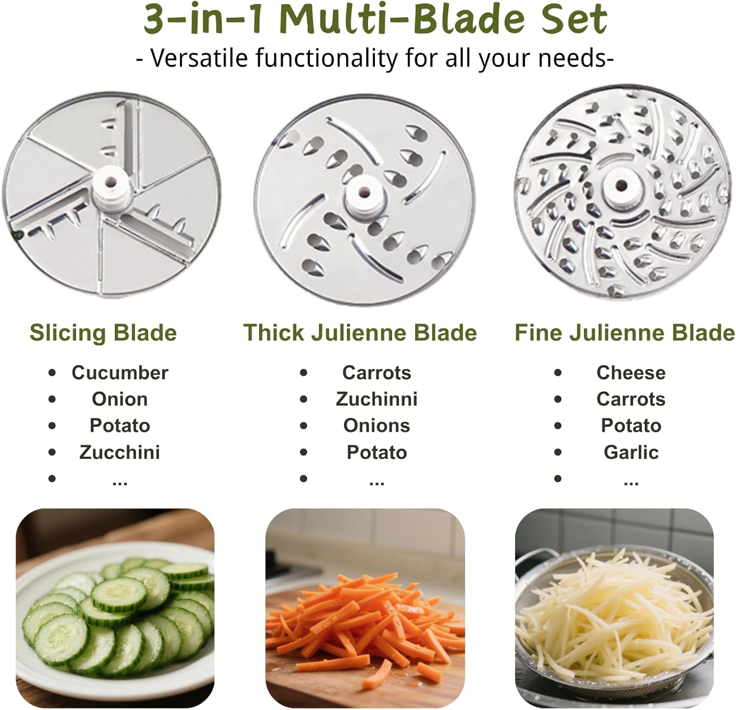 3-in-1 Kitchen Accessories Vegetable Chopper - Potato/Carrot/Cheese Slicer; Julienne Shredder & Garlic Grater with Hand Crank; Food-Grade 420 Steel & Non-Slip Base
