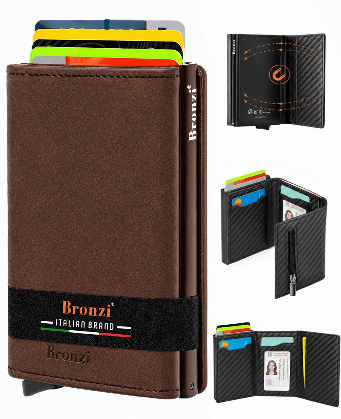 Bronzi Portafoglio Porta Carte Credito - Portafoglio Uomo Slim Portacarte uomo - Mini Porta Tessere - Protezione RFID - Design Smart Italiano Scatola Regalo inculsa (Pelle, Marrone Testa Di Moro)