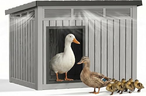 VIXZEN Outdoor Duck & Chicken House - Waterproof Resin Coop with Ventilated Sloped Roof, Gray