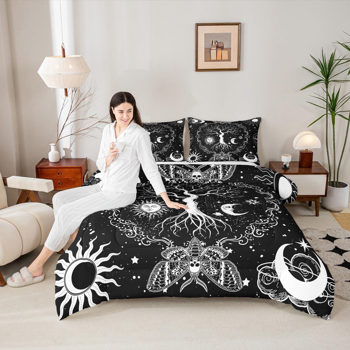 Tree of Life Queen Comforter Set Hippie Gothic Moth Bedding Comforters & Sets, Sun and Moon Comforter Psychedelic Galaxy Trippy Stars Quilted Comforter, Black and White Bedroom Decor Microfiber Cozy