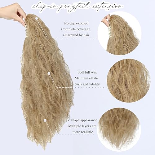 Miniatura 3 de Yekartary Extensión de cola de caballo con clip de garra para mujer, 18 pulgadas de largo, ondulado, multicapa, pelo sintético esponjoso, mezcla de