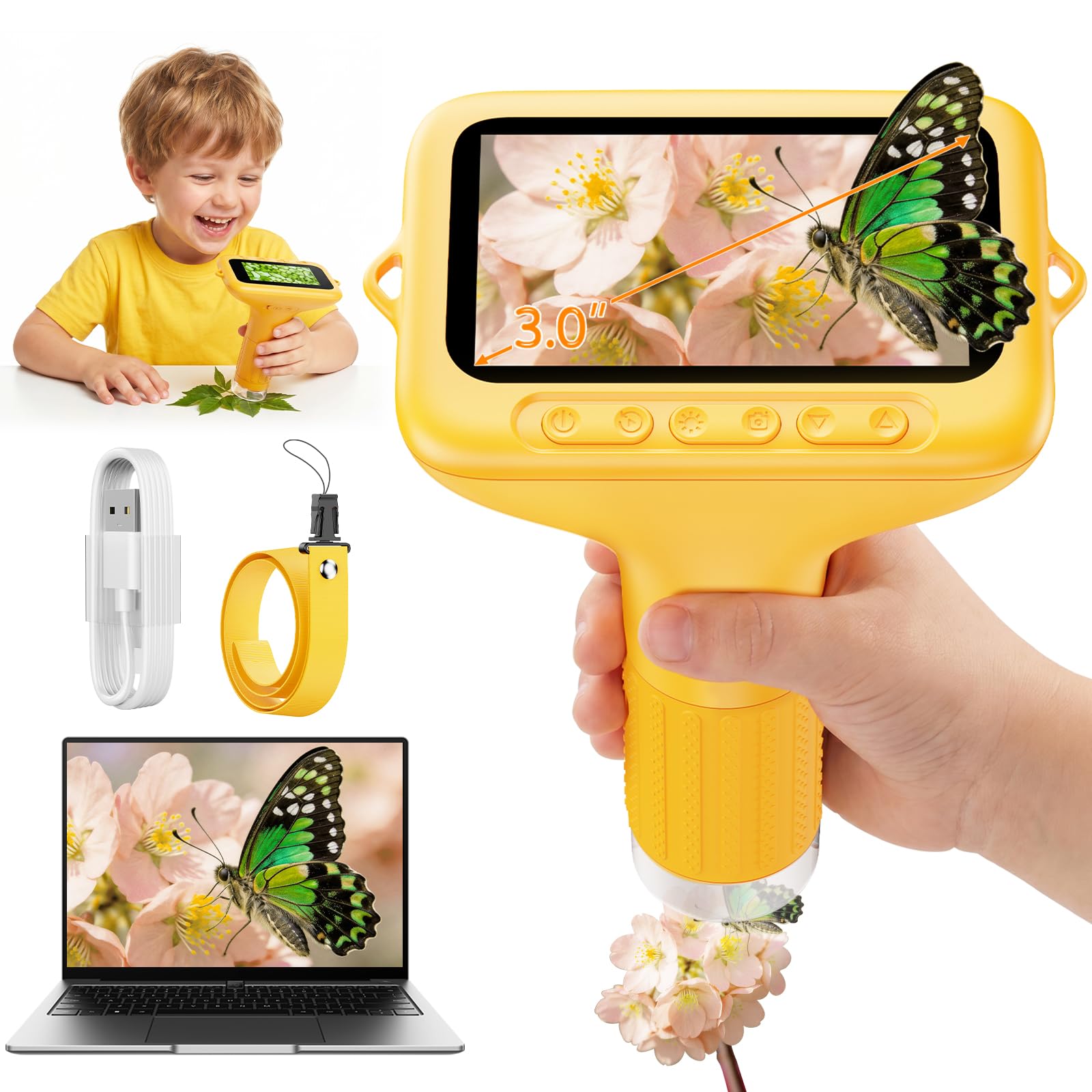 ASPOVEN Microscopio Digitale Bambini 1000X, Schermo 3,0 Pollici (Giallo) | Microscopio Portatile con Videos, Funzione Fotografica e Compatibilità PC per Giardini, Boschi e Attività all'Aperto