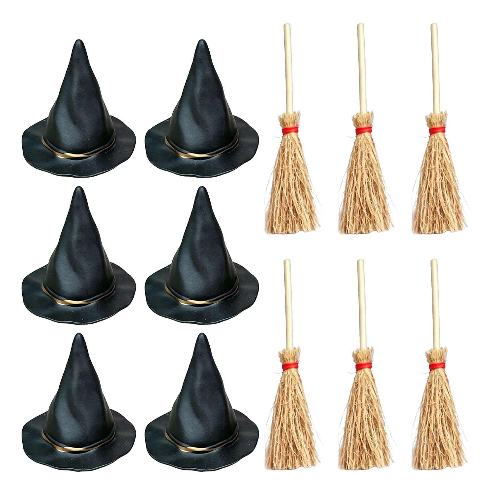 12Pcs Mini Witch Hats and Brooms Cake Toppers,Plastic Wizard Hat for DIY Crafts Bottle Toppers Halloween Party Supplies