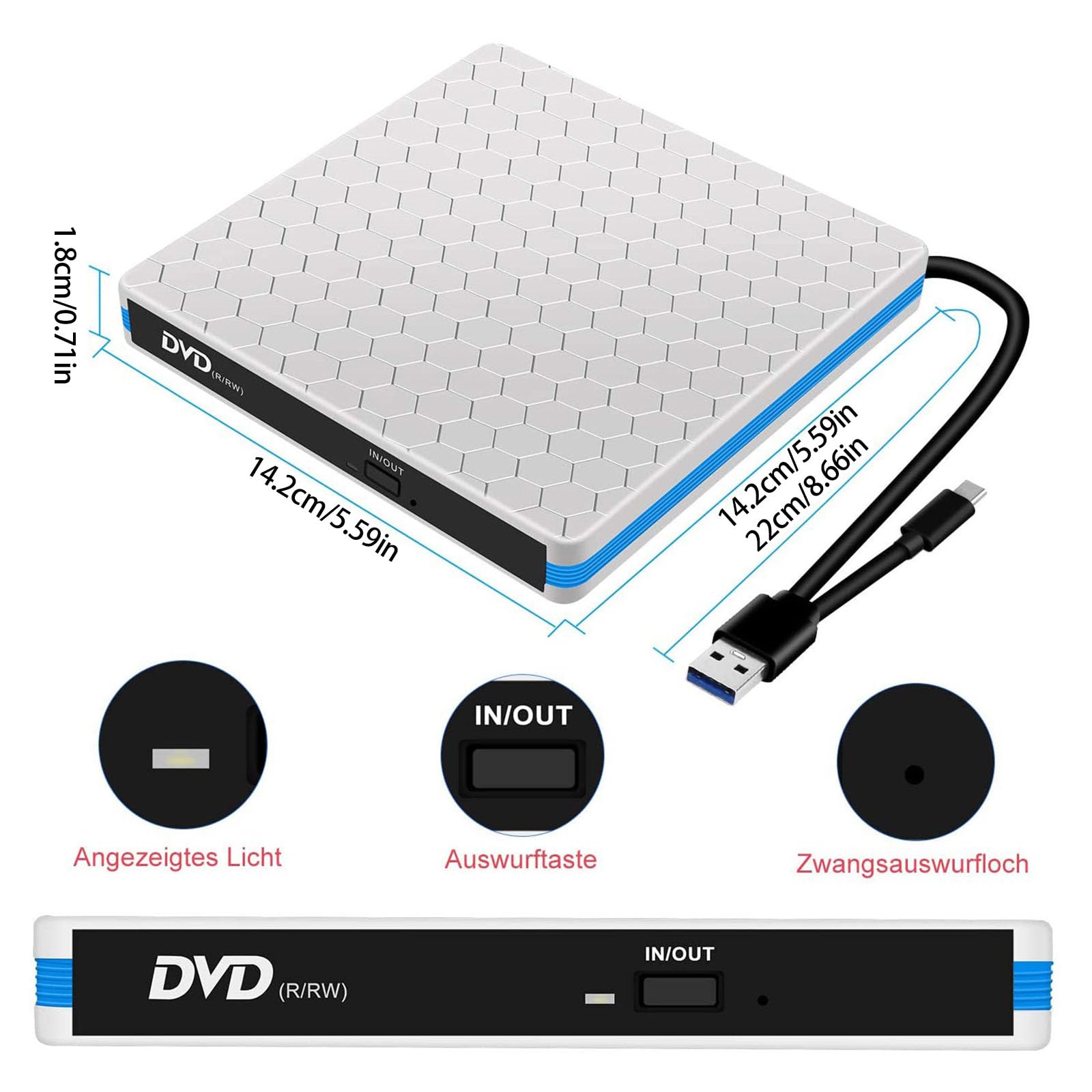 Reproductor de DVD externo portátil con interfaces USB C y USB 3.0 para 10, 8, 7 PC, portátil, DVD, unidad de escritorio para escritorio