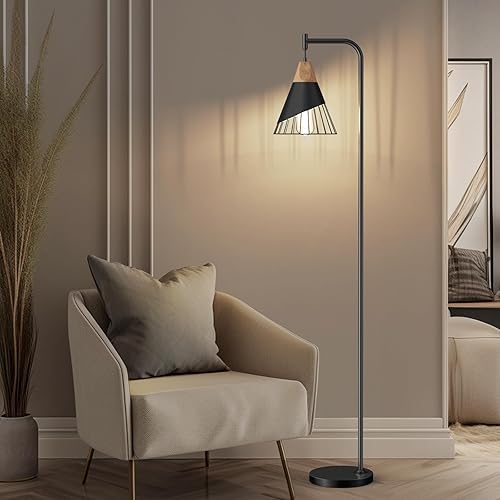 Miniatura 2 de Lámpara de pie industrial de 67" con pantalla de madera y metal negro, lámpara de pie moderna, lámpara alta rústica de estilo granja para sala