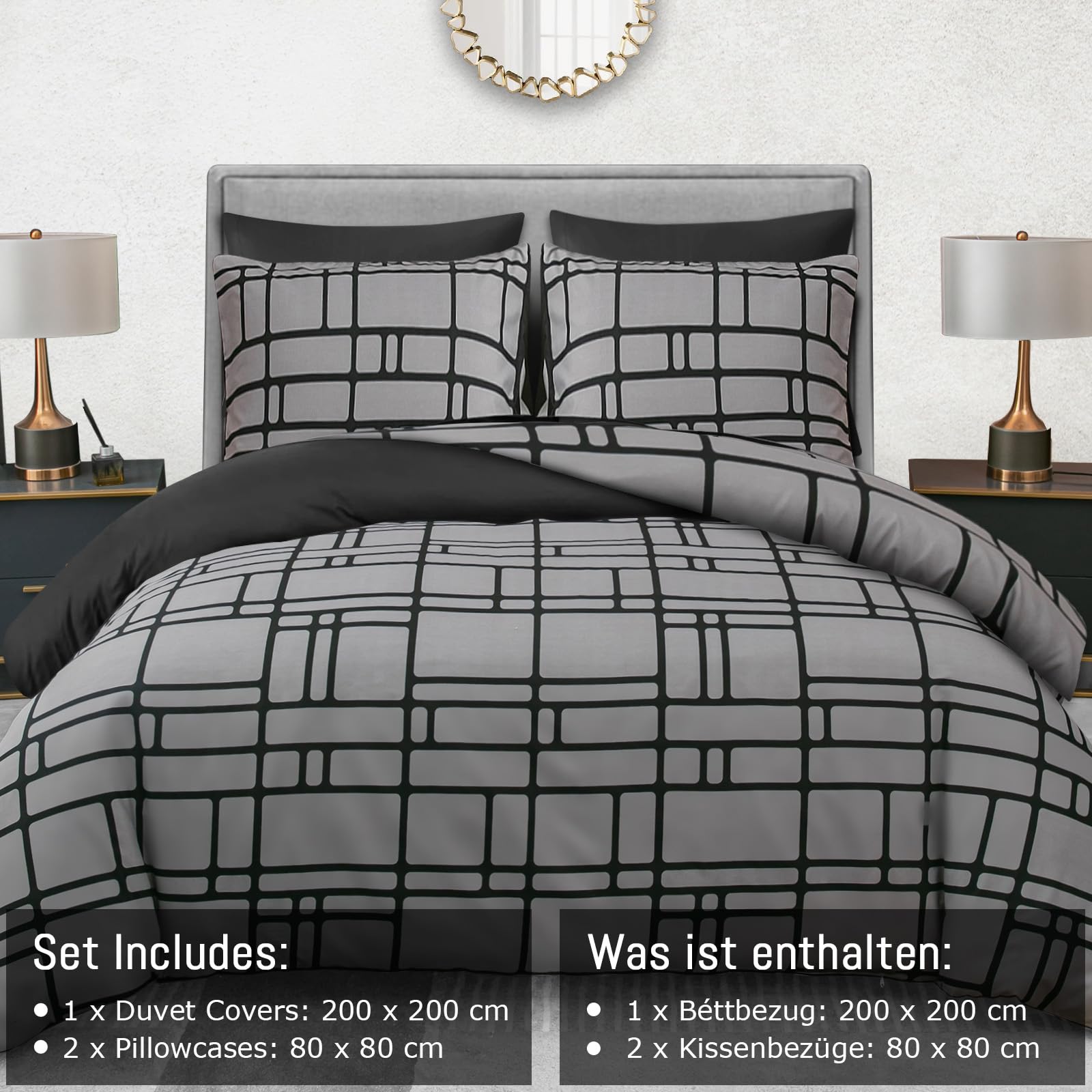 Pamposh Bettwäsche Sets Bettbezug Set Prämie Mikrofaser Anthrazit mit Reißverschluss hochwertigen Qualität für Allergiker (Grau, (1 x 200 x 200 cm) + (2 x Kissenbezug 80 x 80 cm))
