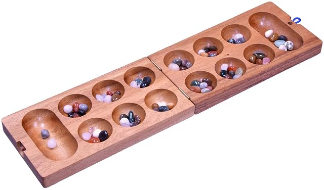 Foto 7 de 8 de LOGOPLAY Kalaha Juego de habas y piedras preciosas hechas de madera de samena marrón con bolsa de tela