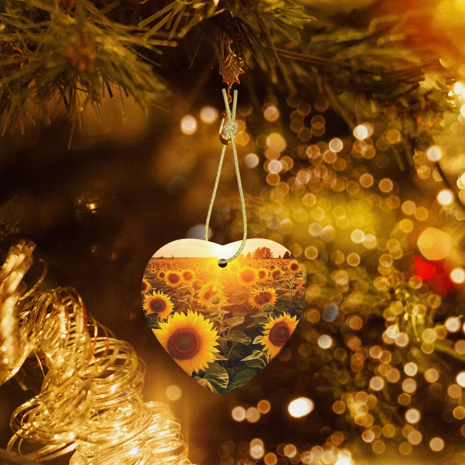 Christmas Heart Shaped Ornaments 1 Pcs, Double-Side Ceramic Xmas Tree Hanging Ornament with Gold String Sunshine Sunflower Field Personalized Porcelain 2025 Christmas Pendent