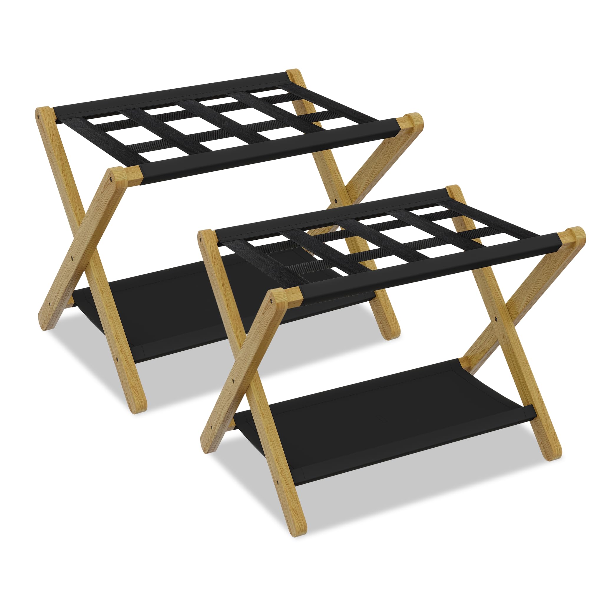 Heybly Luggage Rack, Pack of 2, Folding Suitcase Stand with Storage Shelf, Heavy-Duty Luggage Holder for Guest Room Bedroom Hotel, Holds up to 141 lb,Natural, HLR010N2