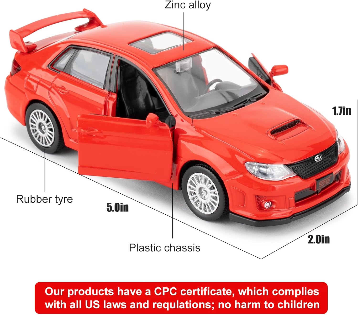 Die-Cast Alloy Toy Car, 1/36 Scale Subaru WRX STI 2010 Model Car, Functional Toy Car to Take Home, Decorative Model Toy for Collection, Car Gift for Boys and Girls (Red)