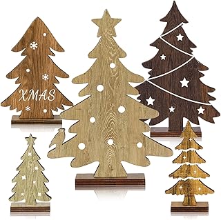 Christmas Decorations Indoor - 5PCS Wooden Christmas Trees Tabletop Shelf Decor Rustic Christmas Decorations Table Centerpieces Wooden Trees Sign for Home Office Fireplace Farmhouse Xmas Party