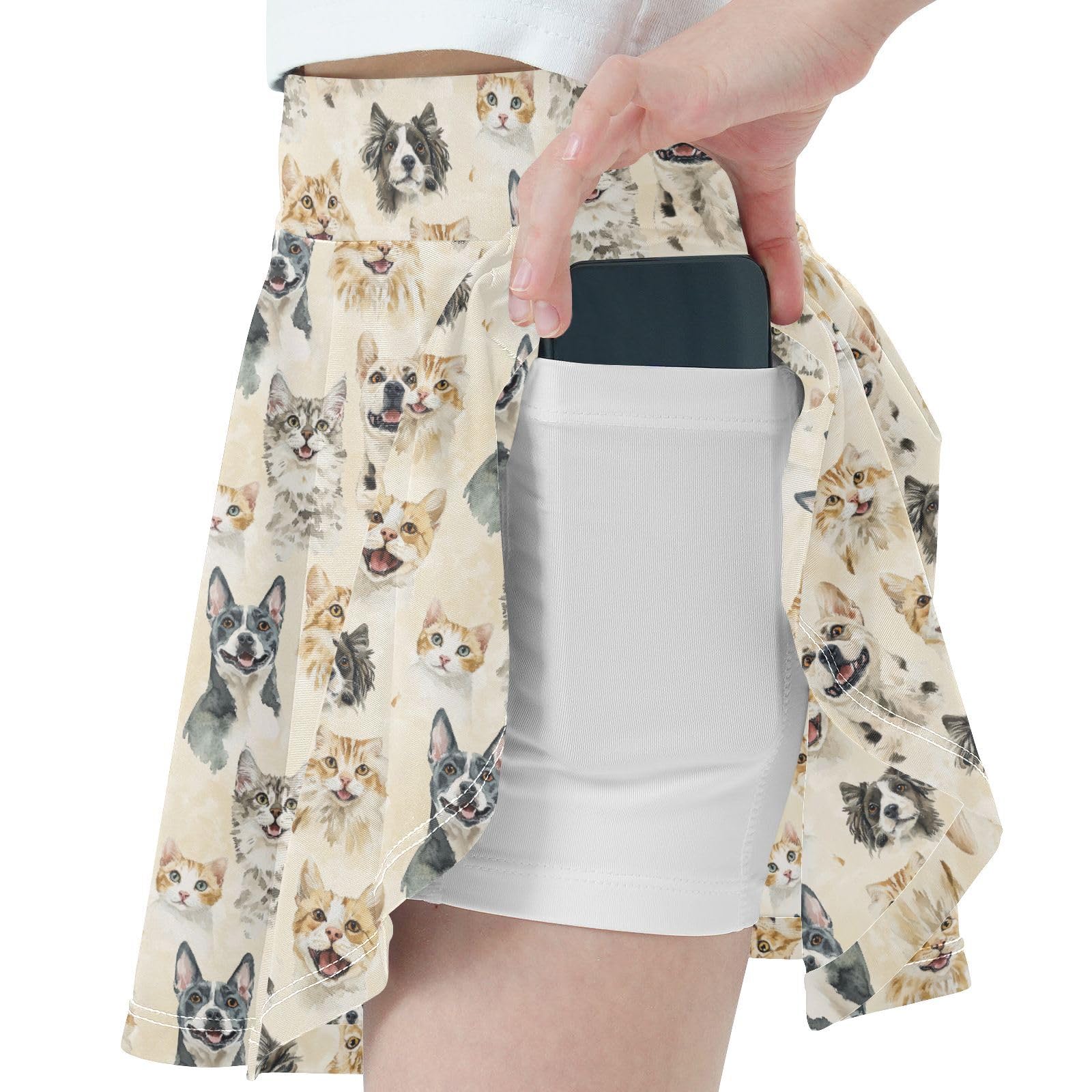 Cute Animals Beige Flowy Tennis Skirt for Girls with Built in Shorts Kids Cheer Skirt with Pockets Skorts for Little Girl