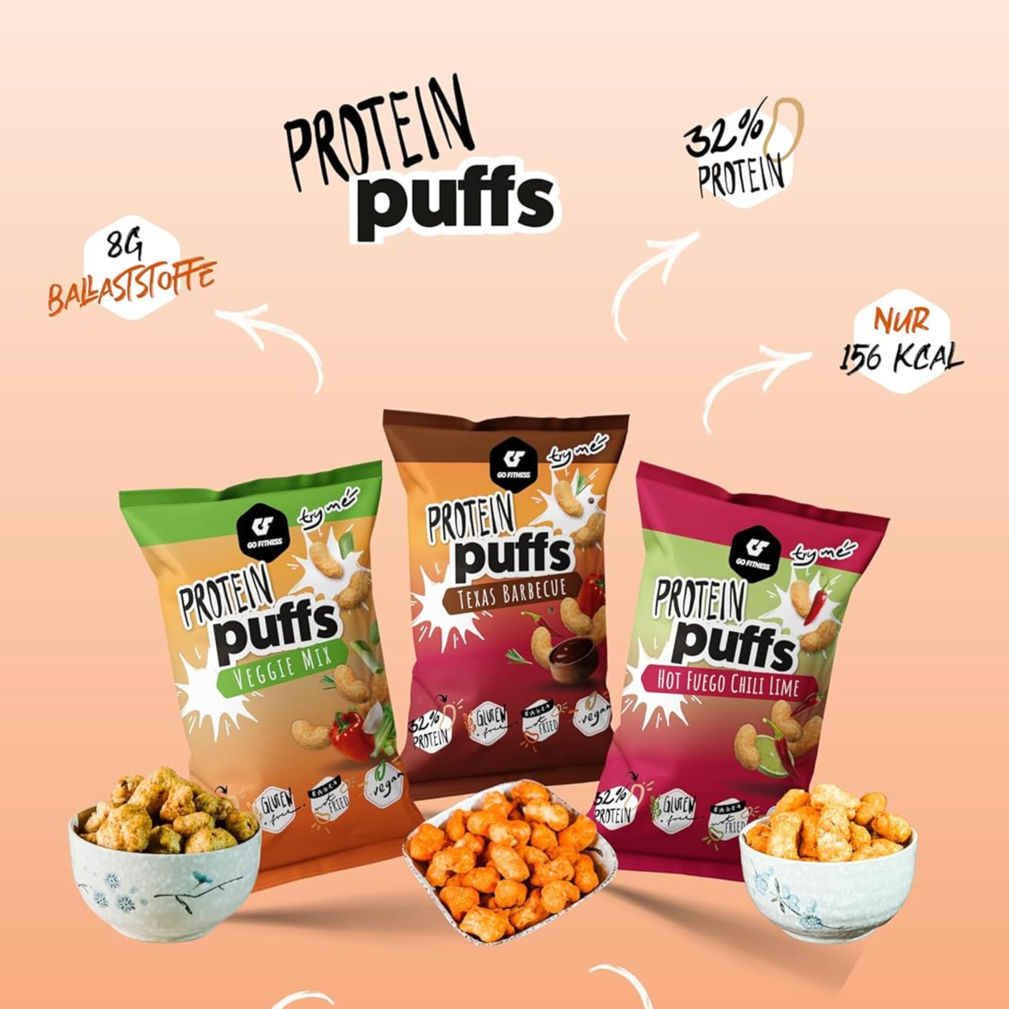 Go Fitness High Protein Snacks - Puffs, 12 x 50 Gramm Packungen mit je 16g Eiweiß - Texas BBQ - Linsen Chips - Eiweißriegel alternative und herzhafter Snack