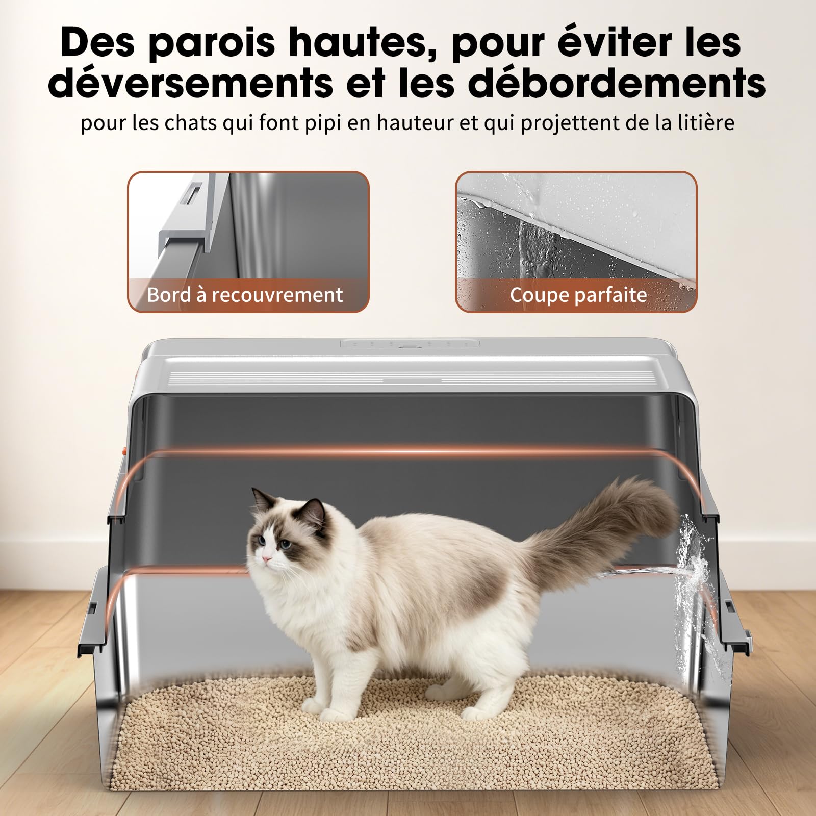 Bac à litière en INOX XXXL – Grand bac Ouvert pour Chat avec Bords Hauts et Panneaux Semi-Transparents, cuve Profonde Amovible pour Nettoyage Facile, antiadhésif, Anti-Fuite, Gris Clair