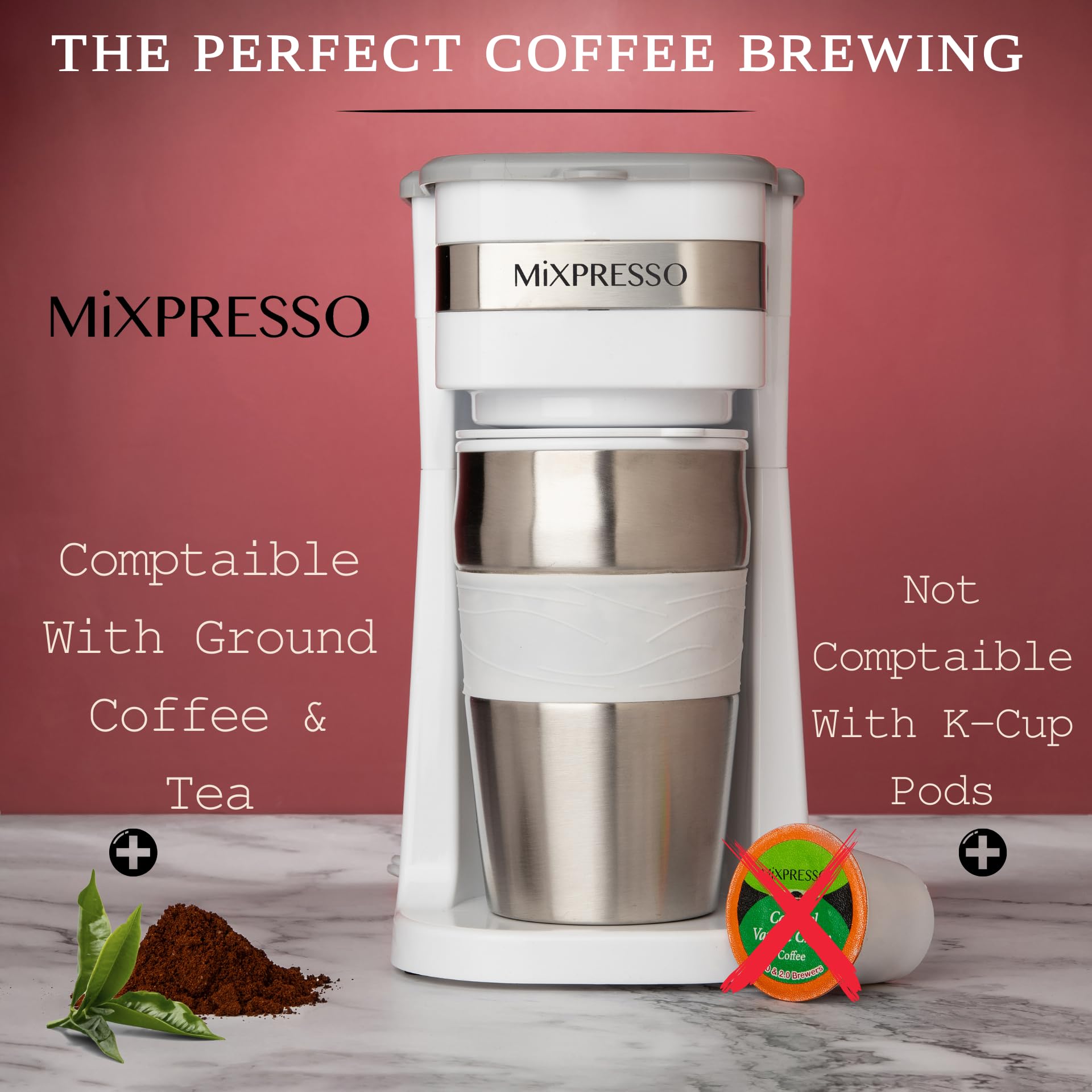 Mixpresso Cafetera personal blanca de una sola porción con taza de viaje de 14 onzas, cafetera pequeña de goteo con apagado automático, filtro reutilizable, funciona solo con café molido, no para