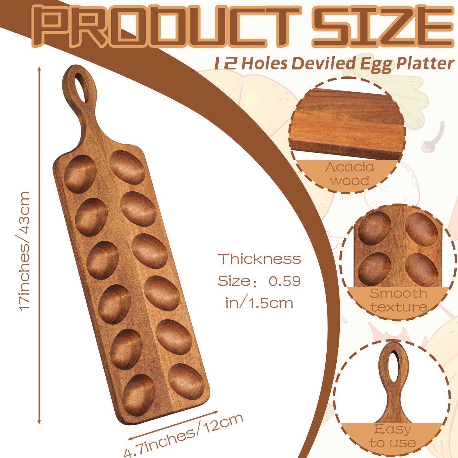 Gosodeny Acacia Wood Deviled Egg Platter with Handles 12 Holes Rectangle Deviled Egg Serving Tray Reversible Charcuterie Board Serving Platter Easter Chrismas Thanksgiving Holiday Gatherings