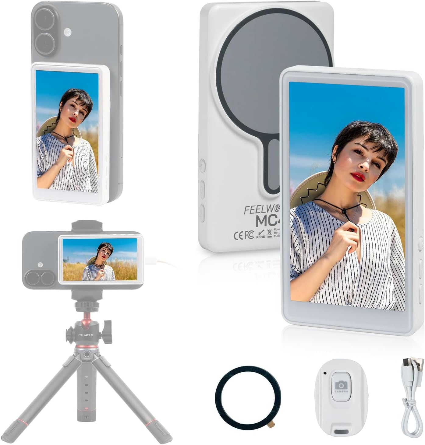 FEELWORLD MC4 Selfie Monitor Screen for iPhone & Android, 4K 30fps Magnetic Back Camera Vlog Monitor with 3h 1500mAH Battery, Wireless 99FT HD Display for TikTok, YouTube, Live Stream, Vlogging