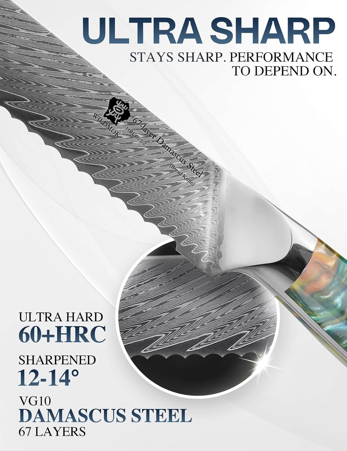 WILDMOK Serrated Damascus Steel Bread Knife, 8 inch, Full Tang Ultra Sharp, Resin Handle, Gift Box - Image 3