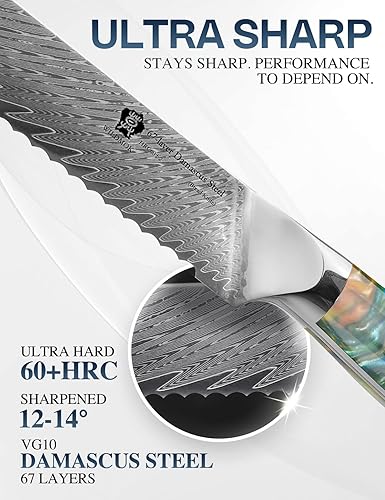 Miniatura 3 de WILDMOK Cuchillo de pan de acero de Damasco dentado, 8 pulgadas, espiga completa ultra afilada, mango de resina, caja de regalo