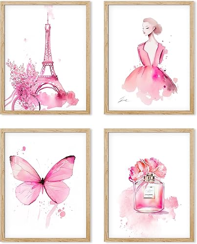 SIGNWIN Arte de pared enmarcado de la Torre Eiffel de Francia, juego de 4 impresiones de decoración de pared para dormitorio de niña, decoración de