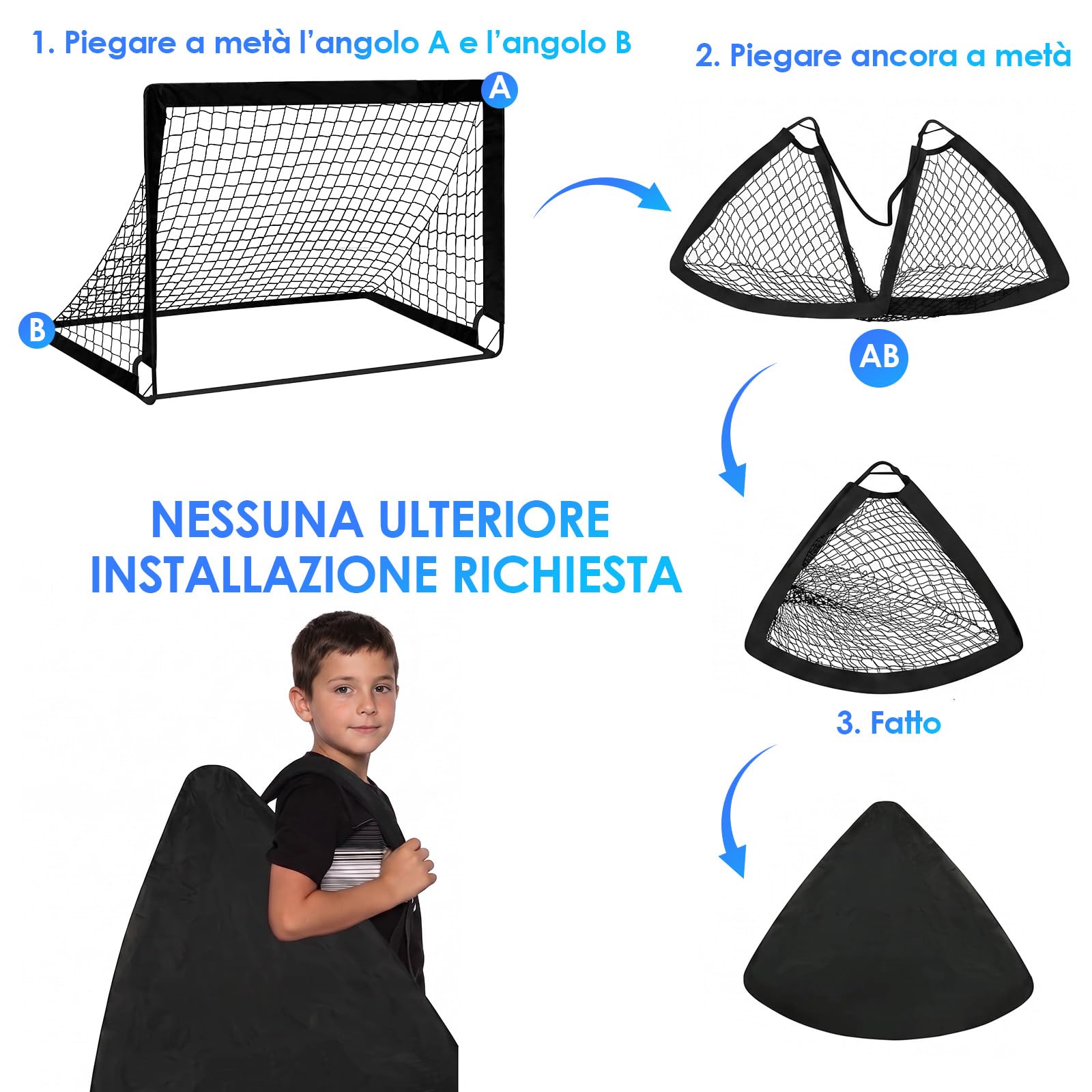 Porta da calcio per bambini, set da 2 porte Pop-up 90×120×90 cm, porte da calcio per giardino con aste rinforzate in fibra di vetro e reti di alta qualità per interno, esterno e giardino
