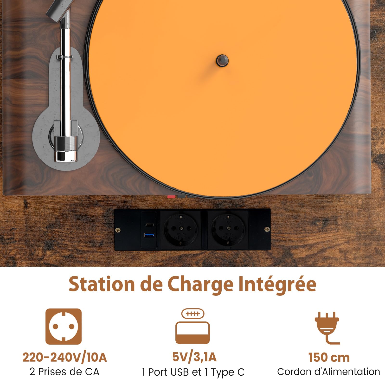 COSTWAY Meuble Tourne-Disque Vinyle avec Prise, Armoire Commode Vinyle avec Tiroir, 2 Prises, 1 USB, 1 Type-C, 2 Kits Anti-basculement, Support Tourne-Disque pour Salon, Chambre,