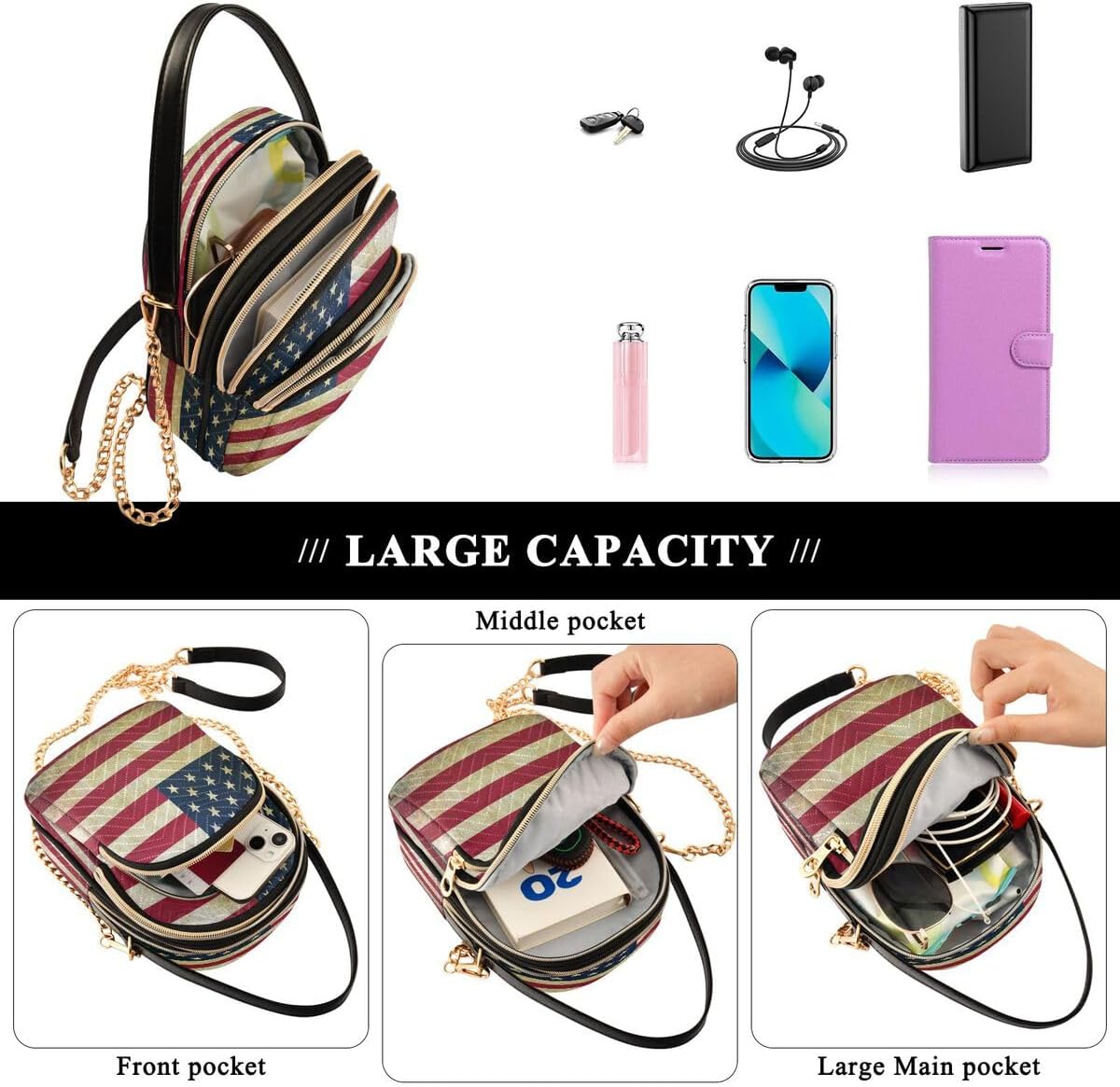 ALAZA American Flag Old Star Striped Crossbody Bag Small Shoulder Handbags Leather Purse for Women - Image 6