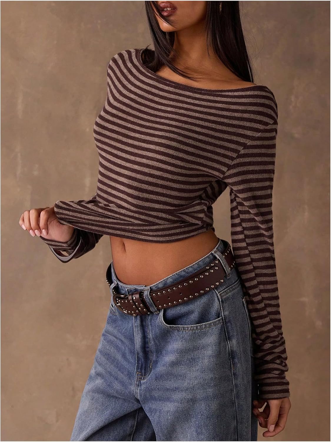 Women's Striped Off The Shoulder Tops Long Sleeve Fitted Cropped Tshirts Elegant Going Out Outfits - Image 3