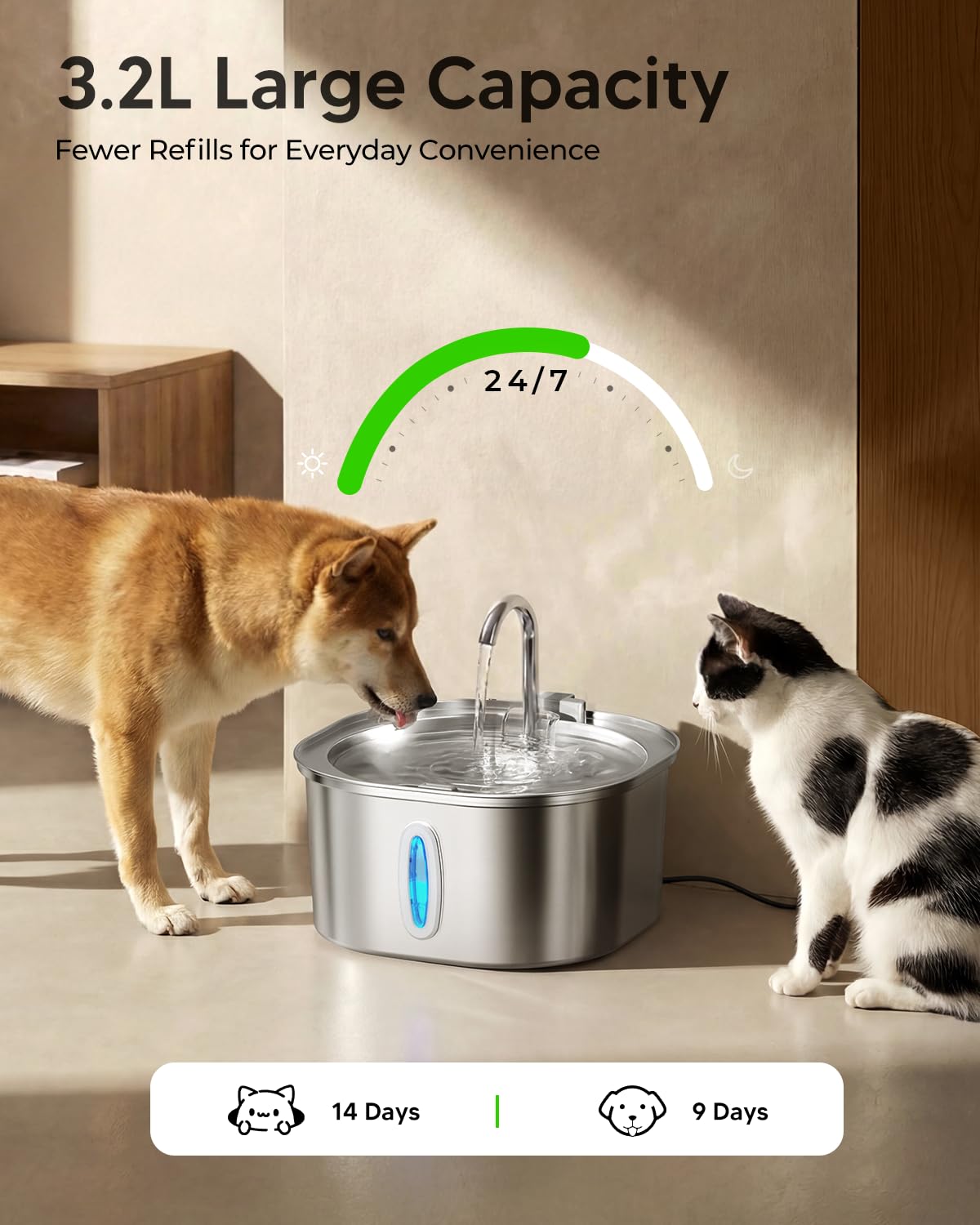 PEKTACO Fuente de Agua para Gatos – 3.2L/3,061.7 g de Acero Inoxidable para Mascotas, Fuente de Agua para Gatos de Interior, Fuente de Agua para Perros con Ventana de Nivel de Agua