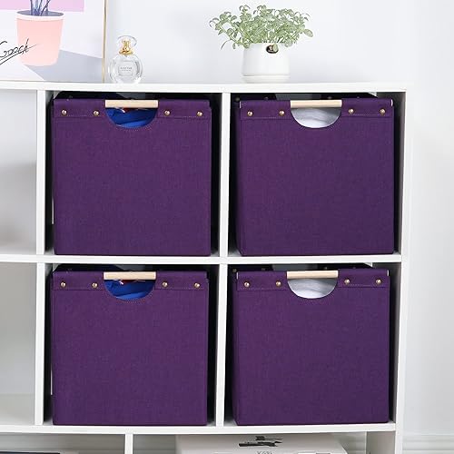 Miniatura 4 de HOONEX Contenedores de almacenamiento plegables grandes, tela de lino, paquete de 2, cestas de almacenamiento con asas de transporte de madera y