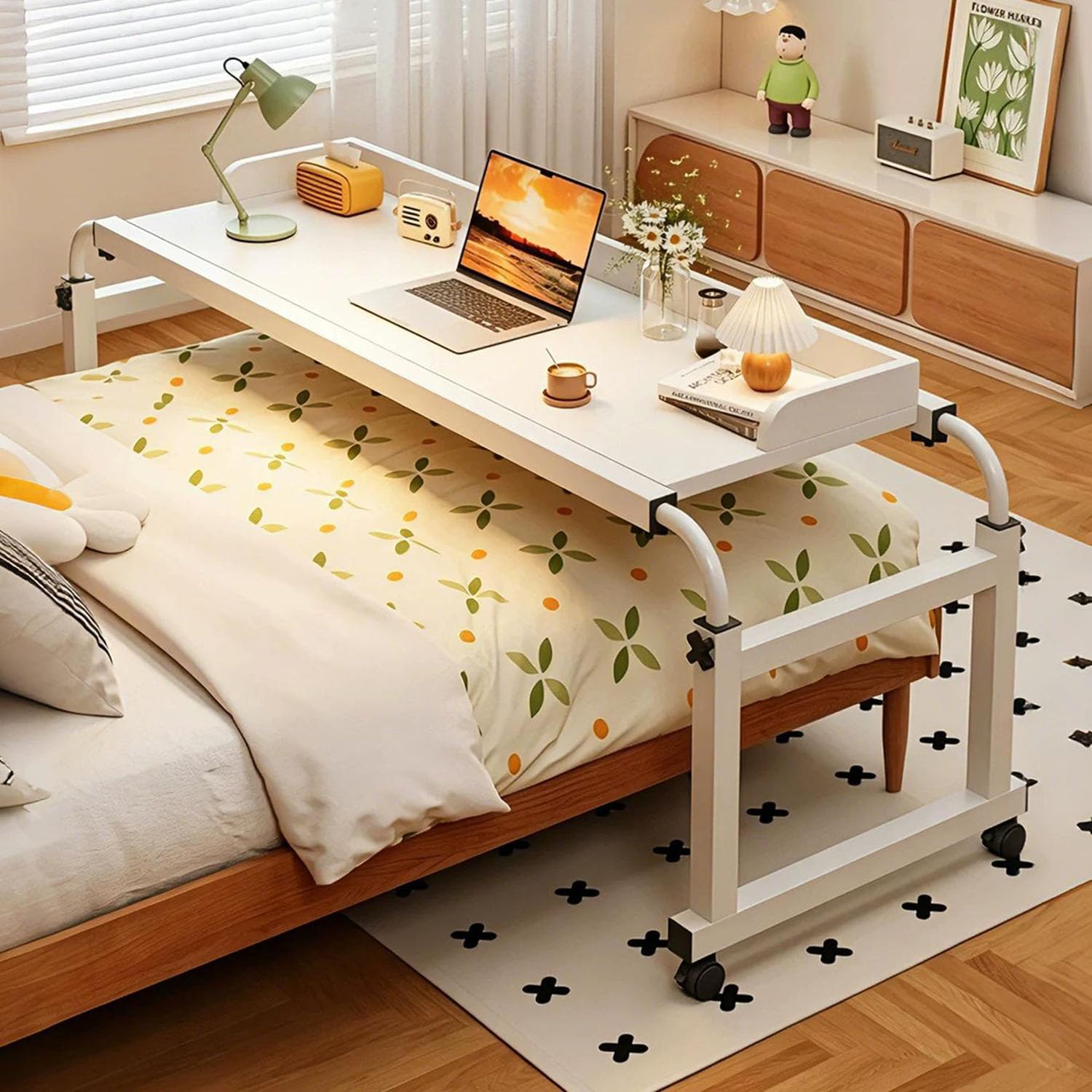 GXQFC Overbed Laptop Trolley Desk, Rolling Medical Table Width Adjustable 115-210cm Mobile Laptop Cart Computer Desk Height Adjustable 65-95cm for Laptop Work Medical(Color:White)
