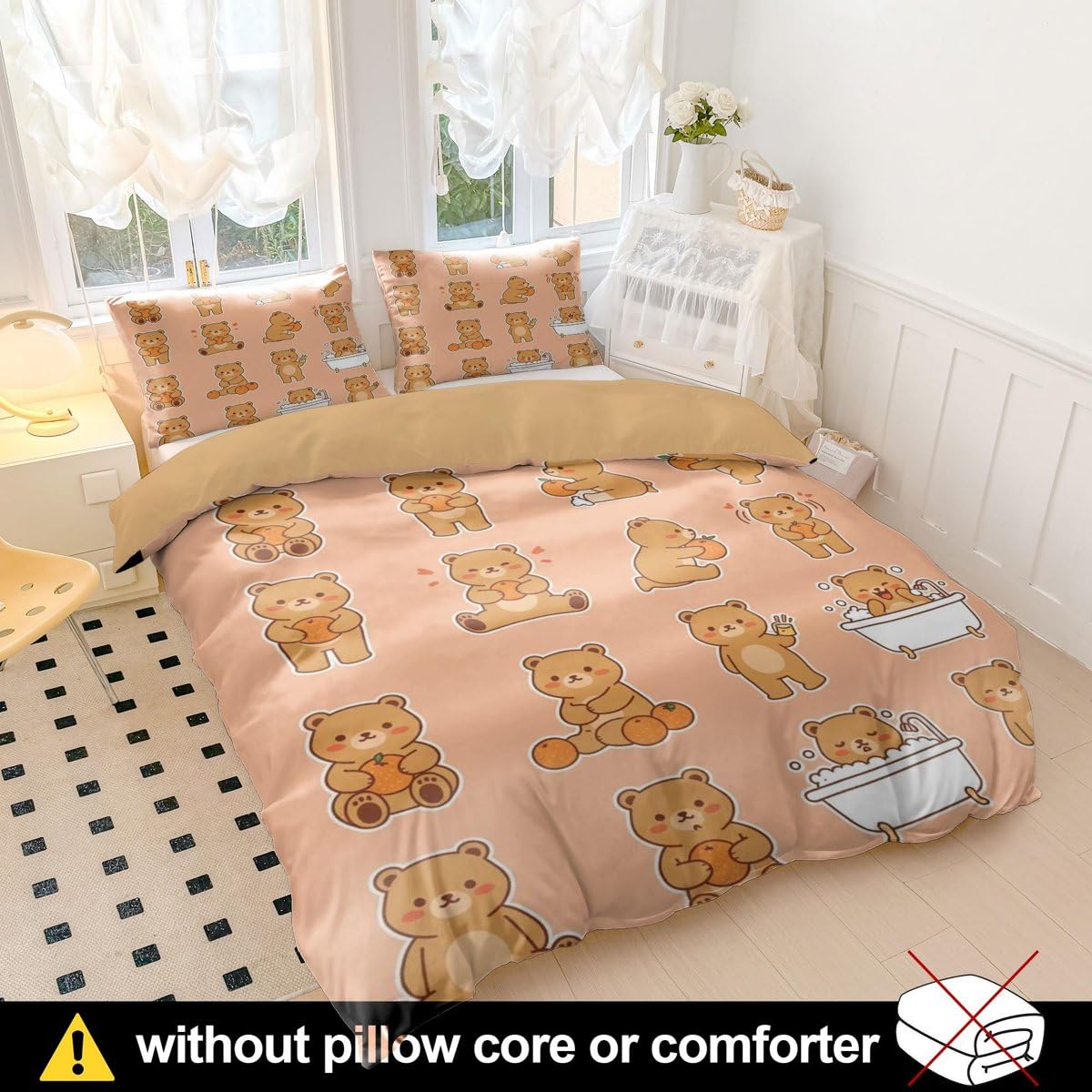 Juego de funda de edredón con diseño de oso kawaii, ropa de cama de matrimonio, color marrón y naranja, ropa de cama suave con fundas de almohada (05, tamaño King 240 x 220 cm + 65 x 65 cm x 2)
