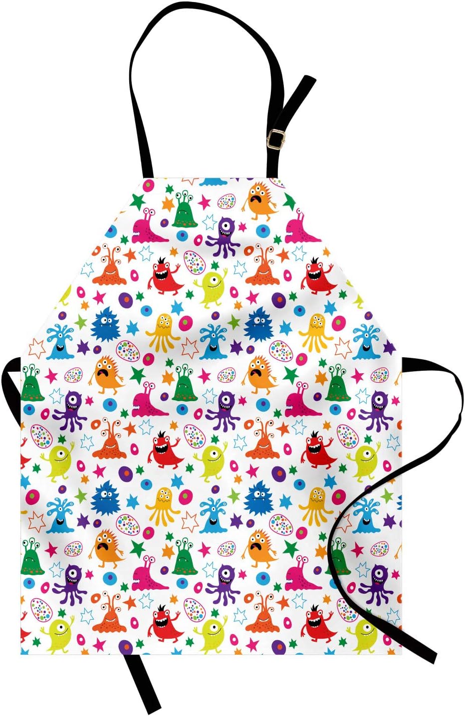 Lunarable Outer Space Apron, Fun Space Mascots Pattern in Several Colors Joy Horror Germs Caricature Design, Unisex Kitchen Bib Apron with Adjustable Neck for Cooking Baking Gardening, Red Blue